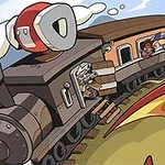Rajzfilm stílusú, vidám vonat jelenet karakterekkel, amelyekből gőz száll fel, ahogy a vonat egy kanyarban halad