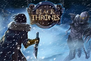 Egy havas tájon egy csuklyás alak áll szemben egy fenyegető szörnyeteggel, kezében karddal, a háttérben a Black Thrones felirat