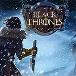 Egy havas tájon egy csuklyás alak áll szemben egy fenyegető szörnyeteggel, kezében karddal, a háttérben a Black Thrones felirat