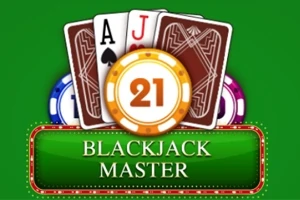 Zöld háttér előtt két játékkártya (ásó ász és kör bubi), egy 21-es számú zseton és egy Blackjack Master felirat látható
