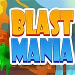A kép vidám színekkel ábrázolja a Blast Mania feliratot, háttérben egy vulkánnal, zöld növényzettel és vízeséssel