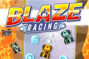 Színes, stilizált versenyautók egy kanyargós úton, háttérben nagy, színes Blaze Racing felirattal