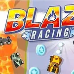Színes, stilizált versenyautók egy kanyargós úton, háttérben nagy, színes Blaze Racing felirattal