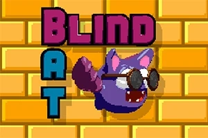Lila denevér napszemüvegben a sárga téglafal előtt, a „Blind Bat” felirat mellett