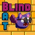 Lila denevér napszemüvegben a sárga téglafal előtt, a „Blind Bat” felirat mellett