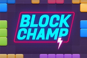 Élénk színű, különböző méretű blokkok körülveszik a középen lévő BLOCK CHAMP feliratot villám ikon kíséretében