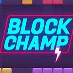 Élénk színű, különböző méretű blokkok körülveszik a középen lévő BLOCK CHAMP feliratot villám ikon kíséretében