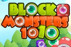 Színes, szemet formázó betűkkel írt, Block Monsters 1010 felirat, háttérben stilizált hegyekkel és fák