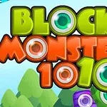 Színes, szemet formázó betűkkel írt, Block Monsters 1010 felirat, háttérben stilizált hegyekkel és fák