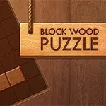 Fa mintázatú háttér előtt képkocka kirakós darabok láthatók, és egy fa tábla a „Block Wood Puzzle” felirattal