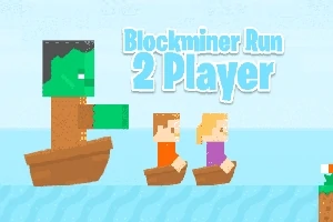 Egy pixeles stílusú jelenet három karakterrel csónakokban, a háttérben Blockminer Run 2 Player felirattal