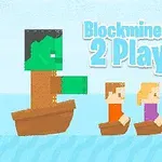 Egy pixeles stílusú jelenet három karakterrel csónakokban, a háttérben Blockminer Run 2 Player felirattal