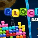 Színes blokkok rakása az űrben, egy űrhajós figurával és a Blocks Battle felirattal az előtérben
