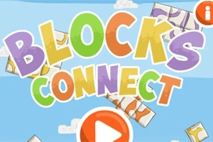 Színes Blocks Connect felirat a képernyő közepén, narancssárga lejátszás gombbal és kisebb kockákkal világoskék háttér előtt