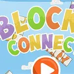 Színes Blocks Connect felirat a képernyő közepén, narancssárga lejátszás gombbal és kisebb kockákkal világoskék háttér előtt