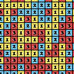 Blocks123 Színes négyzetek rácsos mintázatban, sárga, piros és kék háttérrel, fekete számokkal (1, 2, 3) a közepén minden négyzetben