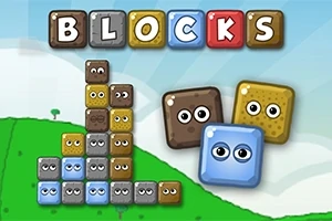 Színes, szemekkel ellátott blokkok különböző színekben egy dombos háttér előtt, a BLOCKS felirat tetején elhelyezve