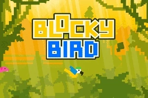 Pixelgrafikás madár repül egy zöld dzsungeli háttér előtt, középen nagy, sárga és kék felirat