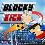 Egy stadion hátterében blokkos stílusú játékos véd egy arany-fekete focilabdát a levegőben, a Blocky Kick szöveg és egy győzelem kézjelzése előtt