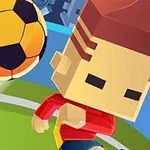 Egy kockafejű, piros ruhás figura futball-labdával egy stilizált futballpályán