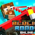 Egy pixeles karakter vezet egy piros autót világoskék háttér előtt, alatta a Blocky Roads Online felirattal