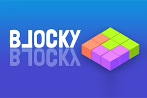 A kék háttér előtt fehér BLOCKY felirat és színes kockákból álló, átlósan elhelyezett forma látható