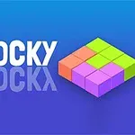 A kék háttér előtt fehér BLOCKY felirat és színes kockákból álló, átlósan elhelyezett forma látható