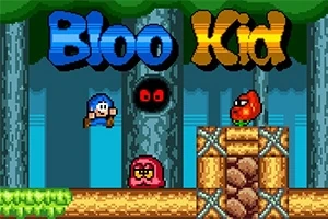 Egy pixeles játék karakter kék ruhában ugrál, körülötte színes szörnyek és fából készült platformok az erdő háttér előtt