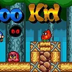 Egy pixeles játék karakter kék ruhában ugrál, körülötte színes szörnyek és fából készült platformok az erdő háttér előtt