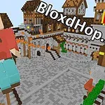 Kockás karakter lebeg egy középkori város felett, a BloxdHop