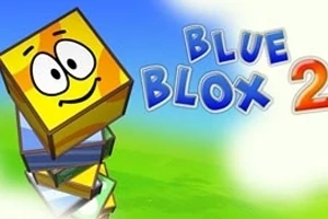 Egy mosolygós, rajzfilmszerű sárga kocka, amely egymásra rakott színes blokkok tetején áll, kék ég és zöld mező háttérrel, mellette a Blue Blox 2 felirat