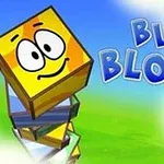Egy mosolygós, rajzfilmszerű sárga kocka, amely egymásra rakott színes blokkok tetején áll, kék ég és zöld mező háttérrel, mellette a Blue Blox 2 felirat