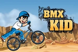 Egy fiatal fiú kék ruhában és sapkában biciklizik egy hegyvidéki terepen, a háttérben a BMX Kid felirat látható