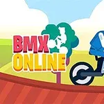 Egy rajzolt figura BMX kerékpárt vezet egy lejtős pályán, háttérben dombokkal és fákkal, mellette nagy színes BMX Online felirat
