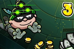 Bob the Robber 3 Egy rajzfilmszerű figura tolvajmaszkban, zöld sávos sapkával és éjjellátó szemüveggel, aranyérméket gyűjt egy zöld háttér előtt