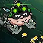 Bob the Robber 3 Egy rajzfilmszerű figura tolvajmaszkban, zöld sávos sapkával és éjjellátó szemüveggel, aranyérméket gyűjt egy zöld háttér előtt