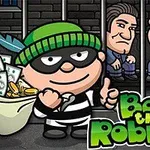 Egy rajzfilmszerű karakter zöld sapkában és szemmaszkban pénzeszsákot tart, háttérben két férfi látható börtönrácsok mögött