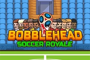 Rajzfilmszerű karakterek nagy fejekkel és a Bobblehead Soccer Royale szöveg egy stadion lelátójának hátterében