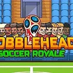 Rajzfilmszerű karakterek nagy fejekkel és a Bobblehead Soccer Royale szöveg egy stadion lelátójának hátterében
