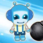 Egy kék ruhás, mosolygó robot figura áll egy fekete bombával és az égő kanóc mellett, a háttérben pedig egy piros szám nyolcas látható