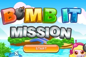 Színes BOMB IT MISSION felirat és start gomb egy rajzfilmszerű táj felett, robottal a jobb alsó sarokban