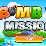 Színes BOMB IT MISSION felirat és start gomb egy rajzfilmszerű táj felett, robottal a jobb alsó sarokban