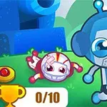 Két rajzfilmszerű robotfigura vidám, színes környezetben, egy trófeaszimbólum és számokkal az előtérben