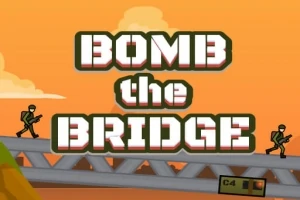 Nagy betűs BOMB THE BRIDGE felirat egy hídon álló, fegyvert tartó katonák sziluettjének játékszerű háttere előtt, narancssárga égbolt alatt