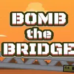 Nagy betűs BOMB THE BRIDGE felirat egy hídon álló, fegyvert tartó katonák sziluettjének játékszerű háttere előtt, narancssárga égbolt alatt