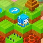 Egy kék robotfigura zöld füves blokkok között, egy fával és kérdőjeles ikonokkal körülvéve