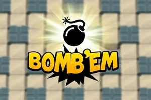 Fekete bomba ikon sárga BOMBEM felirattal és szürke-fehér kockás háttérrel