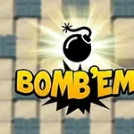 Fekete bomba ikon sárga BOMBEM felirattal és szürke-fehér kockás háttérrel