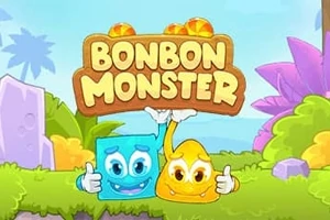 Kék és sárga mosolygós szörnyek egy fűvel borított táj előtt, kezükben egy Bonbon Monster feliratú táblát tartanak