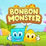 Kék és sárga mosolygós szörnyek egy fűvel borított táj előtt, kezükben egy Bonbon Monster feliratú táblát tartanak